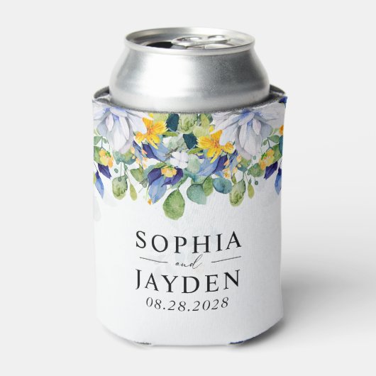 Elegante, blumengelbe blaue Hochzeit Dosenkühler (Kanne Vorderseite)