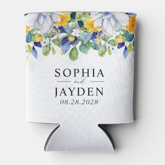 Elegante, blumengelbe blaue Hochzeit Dosenkühler (Vorderseite)