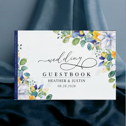 Elegante, blumengelbe blaue Hochzeit Gästebuch