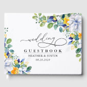 Elegante, blumengelbe blaue Hochzeit Gästebuch (Vorderseite)