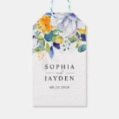 Elegante, blumengelbe blaue Hochzeit Geschenkanhänger (Rückseite)