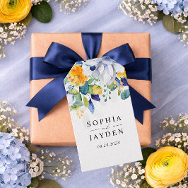 Elegante, blumengelbe blaue Hochzeit Geschenkanhänger