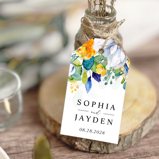 Elegante, blumengelbe blaue Hochzeit Geschenkanhänger