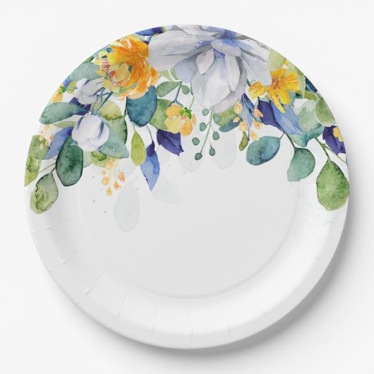 Elegante, blumengelbe blaue Hochzeit Pappteller (Vorderseite)