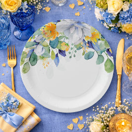 Elegante, blumengelbe blaue Hochzeit Pappteller