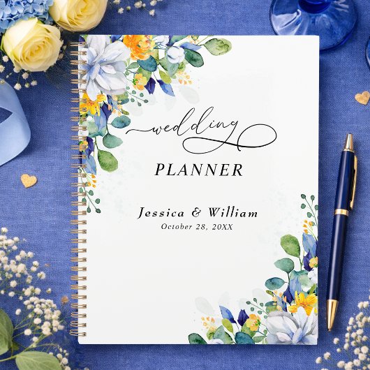 Elegante, blumengelbe blaue Hochzeit Planer