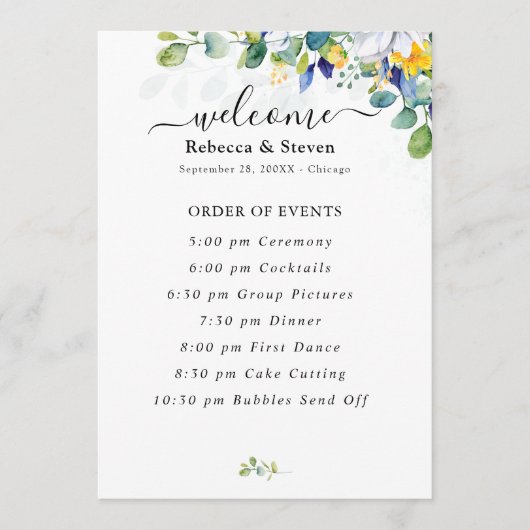 Elegante, blumengelbe blaue Hochzeit Programm (Vorderseite)