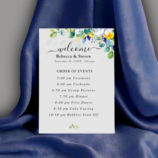 Elegante, blumengelbe blaue Hochzeit Programm