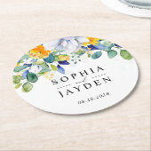 Elegante, blumengelbe blaue Hochzeit Runder Pappuntersetzer (Angewinkelt)