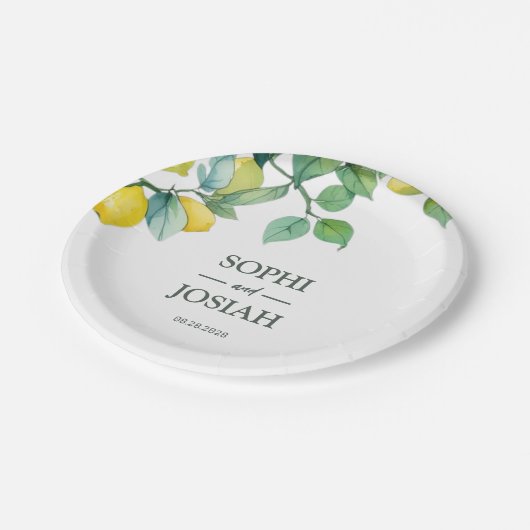 Elegante, blumengelbe Limon-blaue Hochzeit Pappteller (Schrägansicht)