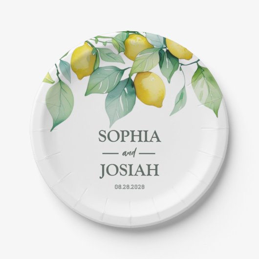 Elegante, blumengelbe Limon-blaue Hochzeit Pappteller (Vorderseite)