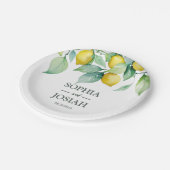 Elegante, blumengelbe Limon-blaue Hochzeit Pappteller (Schrägansicht)