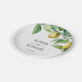 Elegante, blumengelbe Limon-blaue Hochzeit Pappteller (Schrägansicht)