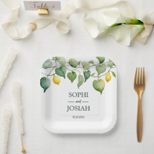 Elegante, blumengelbe Limon-blaue Hochzeit Pappteller