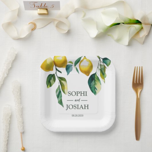 Elegante, blumengelbe Limone Zitronenhochzeit Pappteller (Hochzeit)