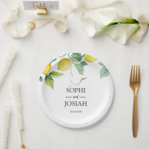 Elegante, blumengelbe Limone Zitronenhochzeit Pappteller