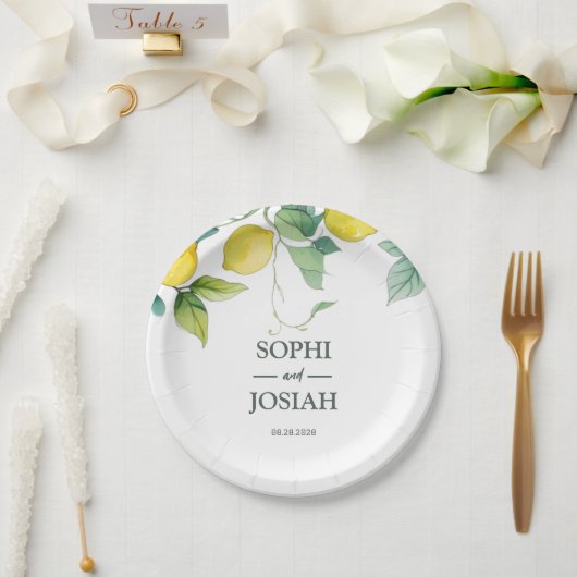 Elegante, blumengelbe Limone Zitronenhochzeit Pappteller (Hochzeit)