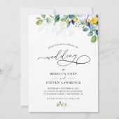 Elegante, blumengelbe, weiße Hochzeit Einladung (Vorderseite)