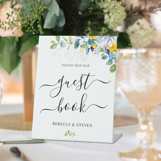 Elegante, blumengelbe, weiße Hochzeit Sockelschild