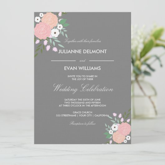 Elegante blumengeschmückte Hochzeit - grau Einladung (Stehend Vorderseite)