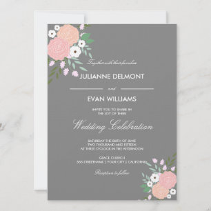 Elegante blumengeschmückte Hochzeit - grau Einladung