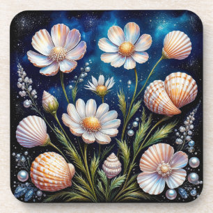 Elegante Blumengestaltung mit Muscheln Getränkeuntersetzer
