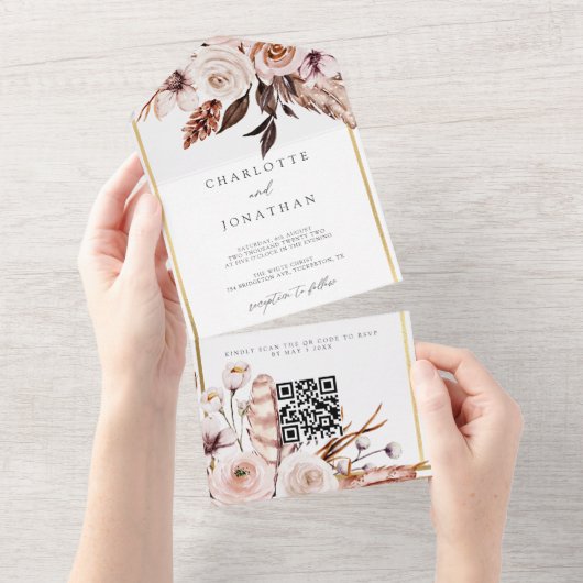 Elegante, blumengoldene rustikale Hochzeit im Herb All In One Einladung (Abreißen)