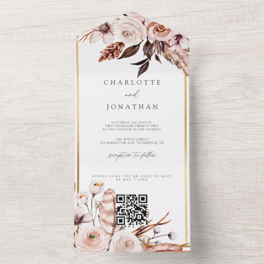 Elegante, blumengoldene rustikale Hochzeit im Herb All In One Einladung (Innen Boden)