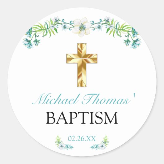 Elegante Blumengoldkreuz Taufe Runder Aufkleber (Vorderseite)