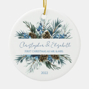 Elegante Blumengrün 1. Weihnachten Verheiratet Keramik Ornament