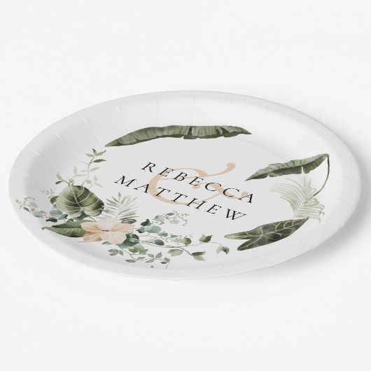 Elegante Blumengrün Hochzeit Pappteller (Schrägansicht)
