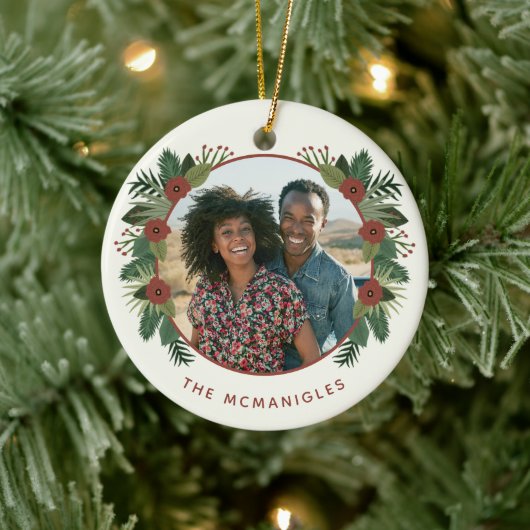 Elegante Blumengrün Weihnachten 2 Foto Familie Keramik Ornament (Baum)