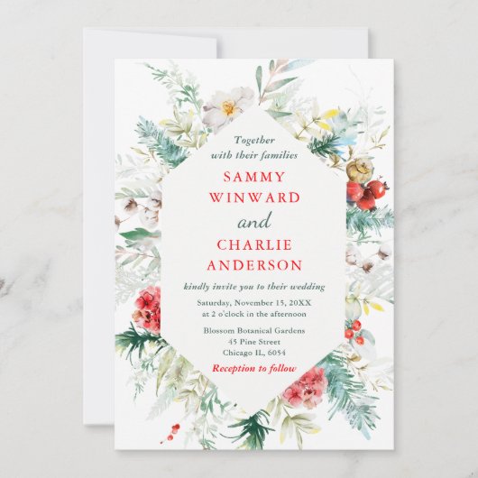 Elegante Blumengrün Winter Wedding Einladung (Vorderseite)