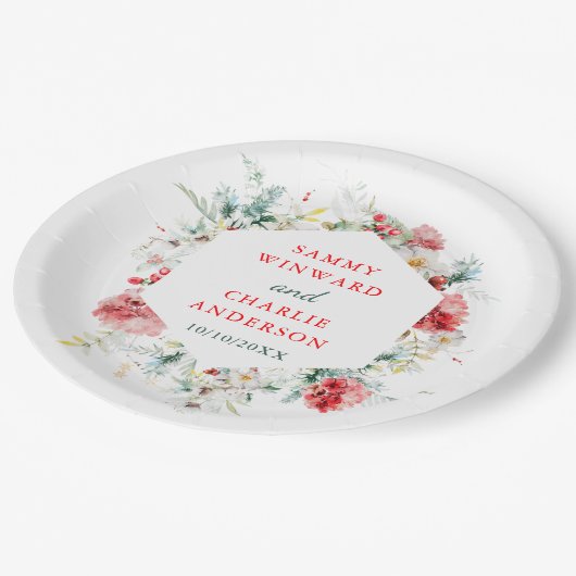 Elegante Blumengrün Winter Wedding Pappteller (Schrägansicht)