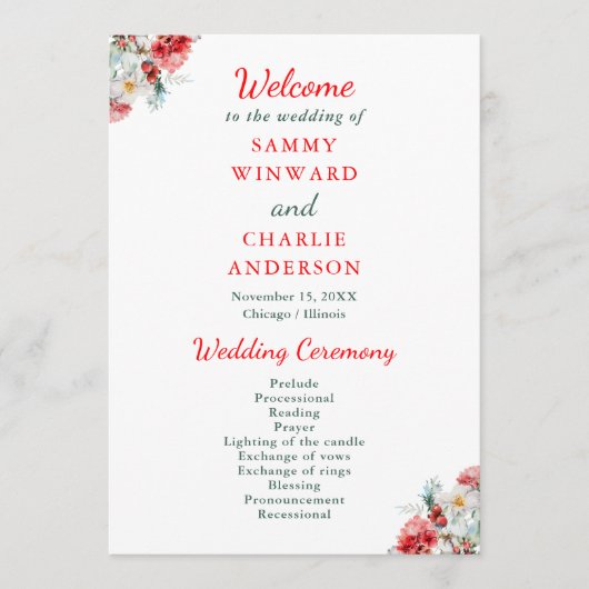 Elegante Blumengrün Winter Wedding Programm (Vorderseite)