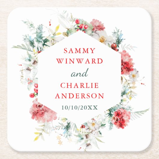 Elegante Blumengrün Winter Wedding Square Pape Rechteckiger Pappuntersetzer (Vorderseite)