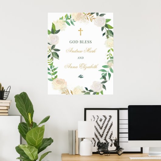 Elegante Blumengrün Wreath Custom Gott segne Poster (Heimbüro)