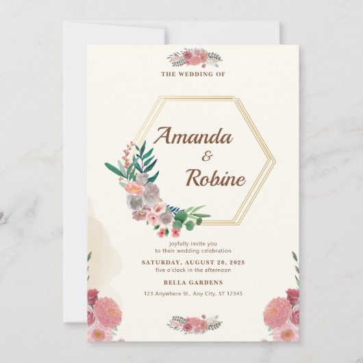 Elegante Blumenhexagon Gold Frame Wedding Einladung (Vorderseite)