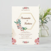 Elegante Blumenhexagon Gold Frame Wedding Einladung (Stehend Vorderseite)