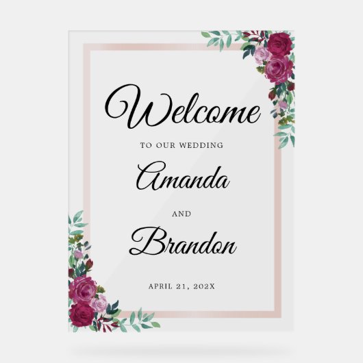 Elegante Blumenhochzeit Begrüßungszeichen Akryllis Acrylschild (Vorderseite)