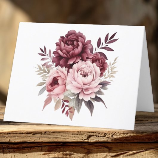 Elegante Blumenhochzeit Burgund Wasserfarben Dankeskarte