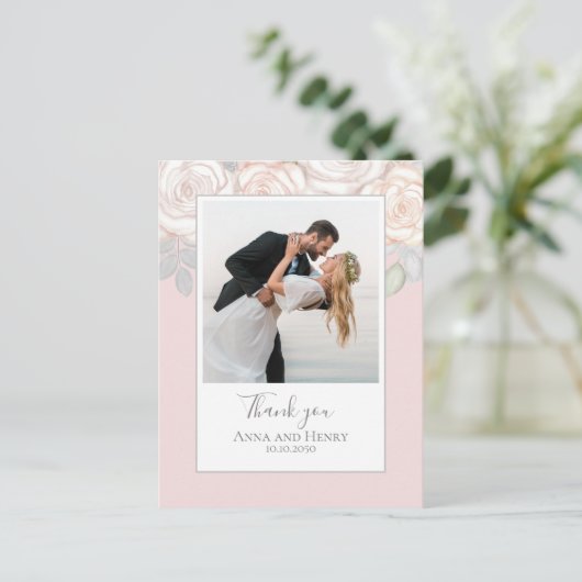 Elegante Blumenhochzeit Danke, dass du Rosa rot bi Postkarte (Stehend Vorderseite)