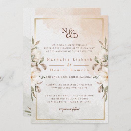 Elegante Blumenhochzeit Einladung (Vorne/Hinten)