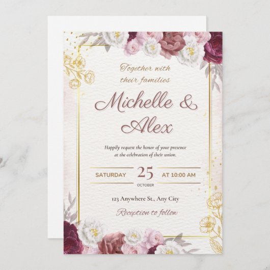Elegante Blumenhochzeit Einladung (Vorne/Hinten)