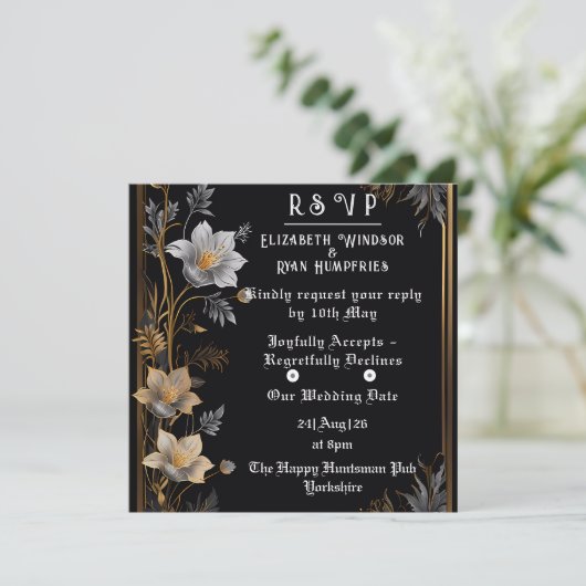 Elegante Blumenhochzeit Einladung Gold & Silber (Stehend Vorderseite)