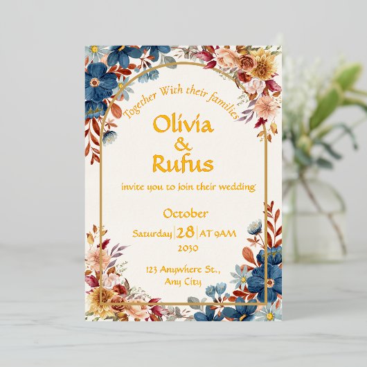 Elegante Blumenhochzeit Folieneinladung (Stehend vorne)