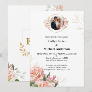 Elegante Blumenhochzeit mit Goldakzent Einladung