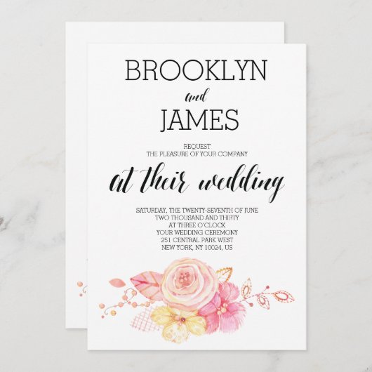 Elegante Blumenhochzeit mit Perlen und Spitzen Einladung (Vorne/Hinten)