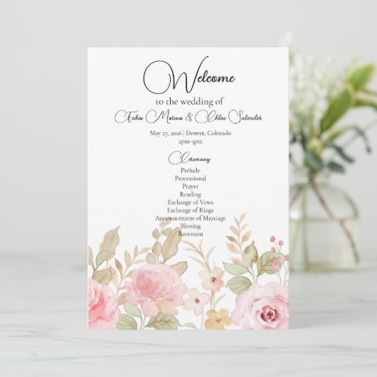 Elegante Blumenhochzeit Personalisierte Hochzeit Programm (Stehend Vorderseite)