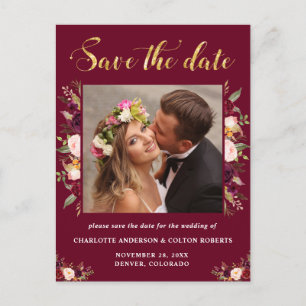 Elegante Blumenhochzeit rettet das Datum Burgund Ankündigungspostkarte